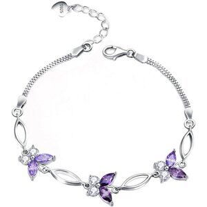 Gifts for Women S925 Sterling Silver Purple Butterfly Bracelet,Adjustable Charm